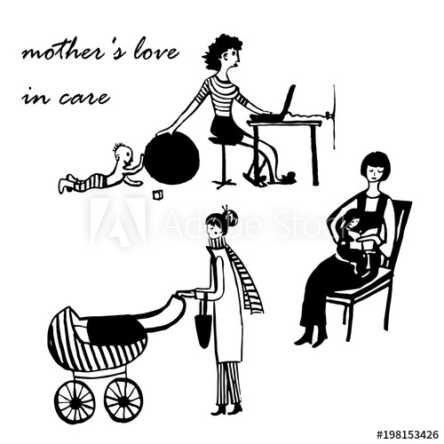 500x500 Drawing Of A Set Of Cartoon Pictures Of Young Mothers Taking Care - Stroller Sketch