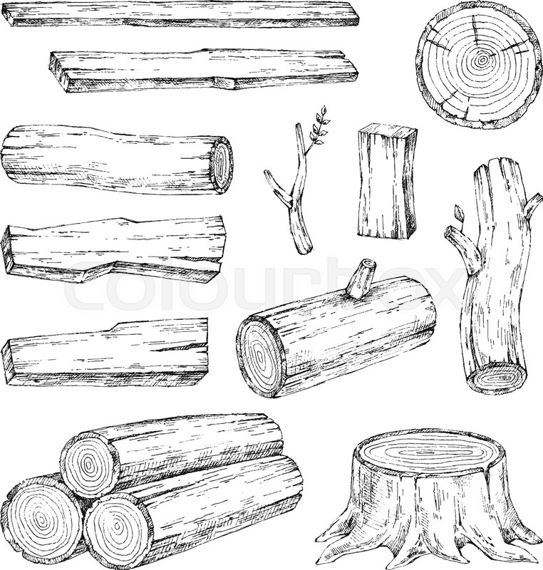 762x800 Wood, Burning Materials. Vector Sketch Illustration Collection - Stump Sketch