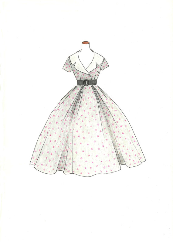 570x797 Vintage 1950 Polka Dots Fashion Illustration Hand Drawn Retro - Style Sketches