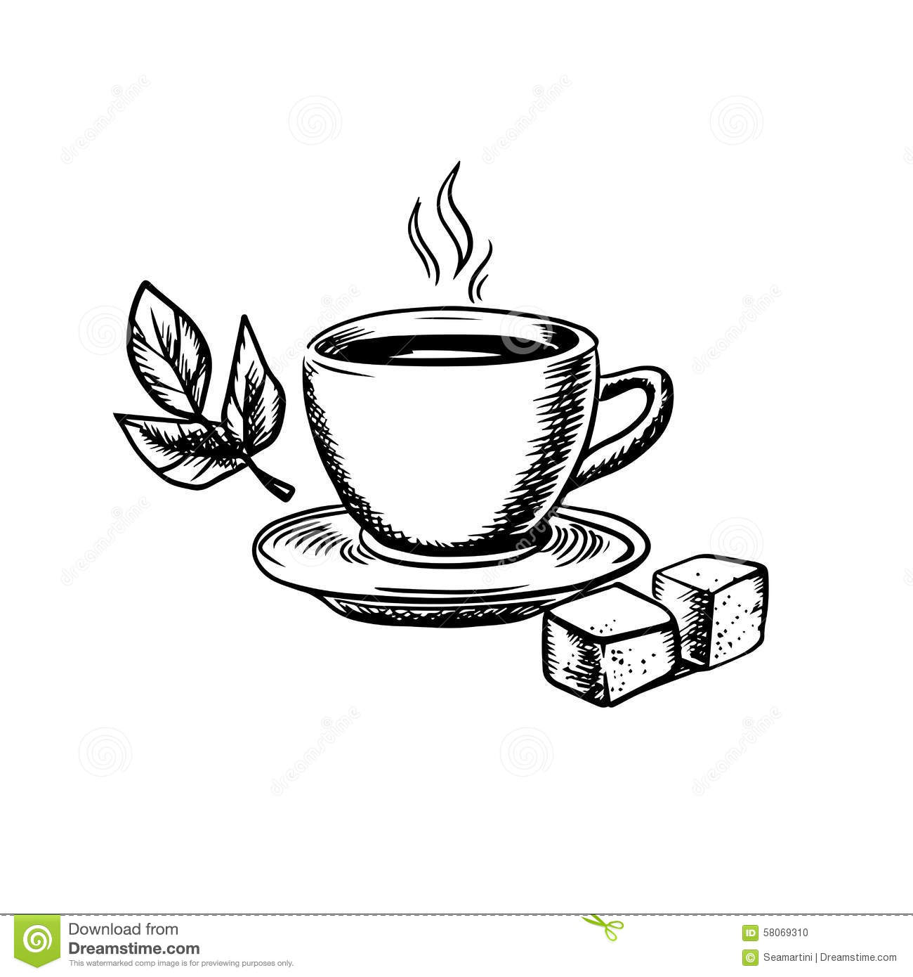 1300x1390 Tea Cup With Sugar And Mint Leaves Stock Vector Image, Tea Cup - Sugar Sketch