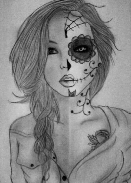 444x618 Girl Sugar Skull Drawings Tattoo Design - Sugar Skull Girl Sketch