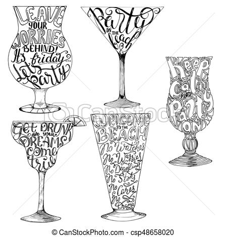 450x470 Summer Calligraphic Lettering. Cocktail Glass Silhouette Isolated - Summer Season Sketch