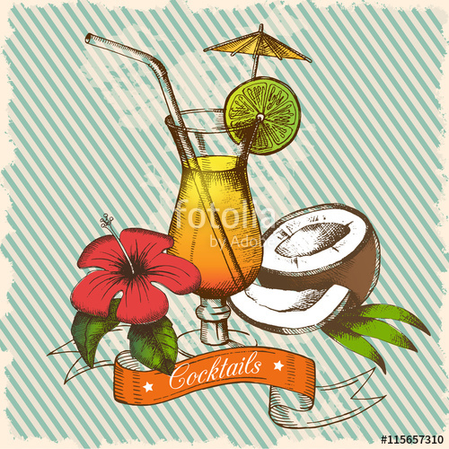 500x500 Vintage Poster With Cocktail, Avocado And Hibiscus. Vector - Summer Season Sketch
