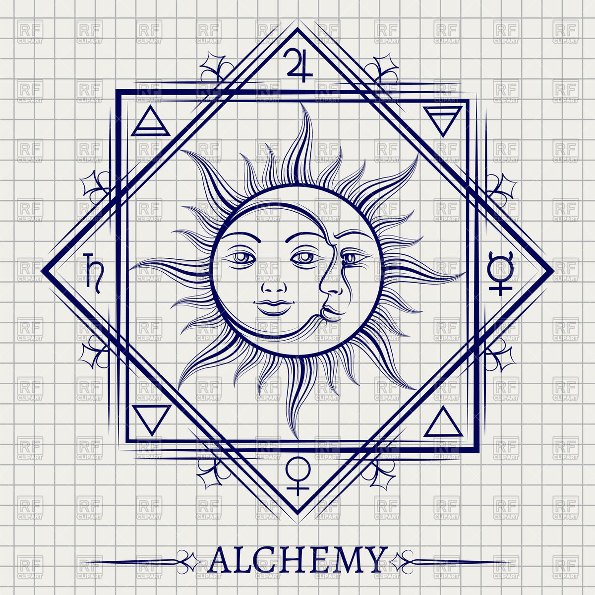 1200x1200 Sketch Of Sun Moon And Other Alchemy Elements Vector Image - Sun And Moon Sketch