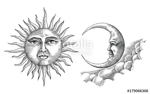 500x314 Vintage Moon And Sun Hand Drawing Vintage Style Stock Image And - Sun And Moon Sketch