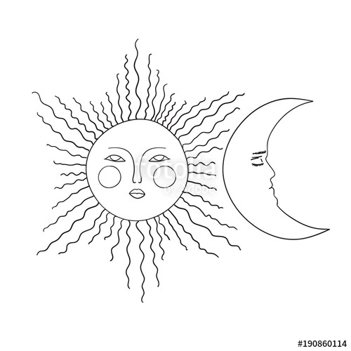 500x500 Sun Moon Black And White Sketch Cartoon Doodle Vector Illustration - Sun And Moon Sketch