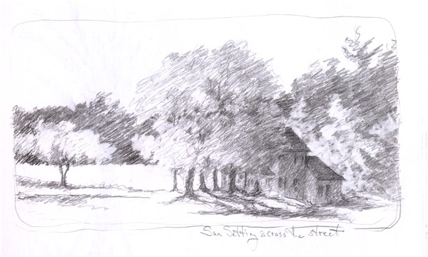 600x360 Farmhouse As Sun Sets 02 Pencil Sketch Chris Carter Artist July - Sun Pencil Sketch
