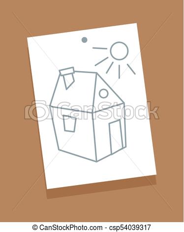 374x470 House And Sun Sketch Picture Vector Illustration. House With Roof - Sun Sketch