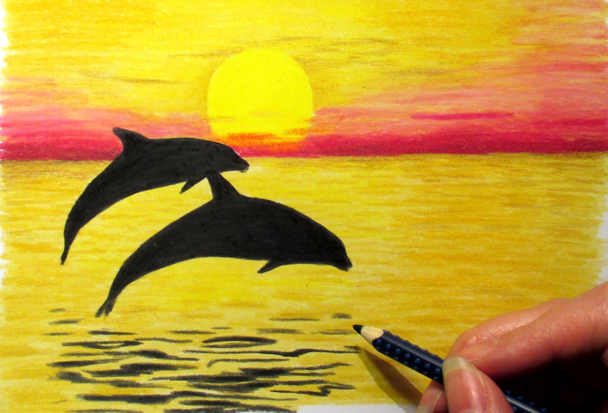 2000x1359 Landscape In Colored Pencil Sunset And 2 Dolphins Drawing Nature - Sunrise Pencil Sketch