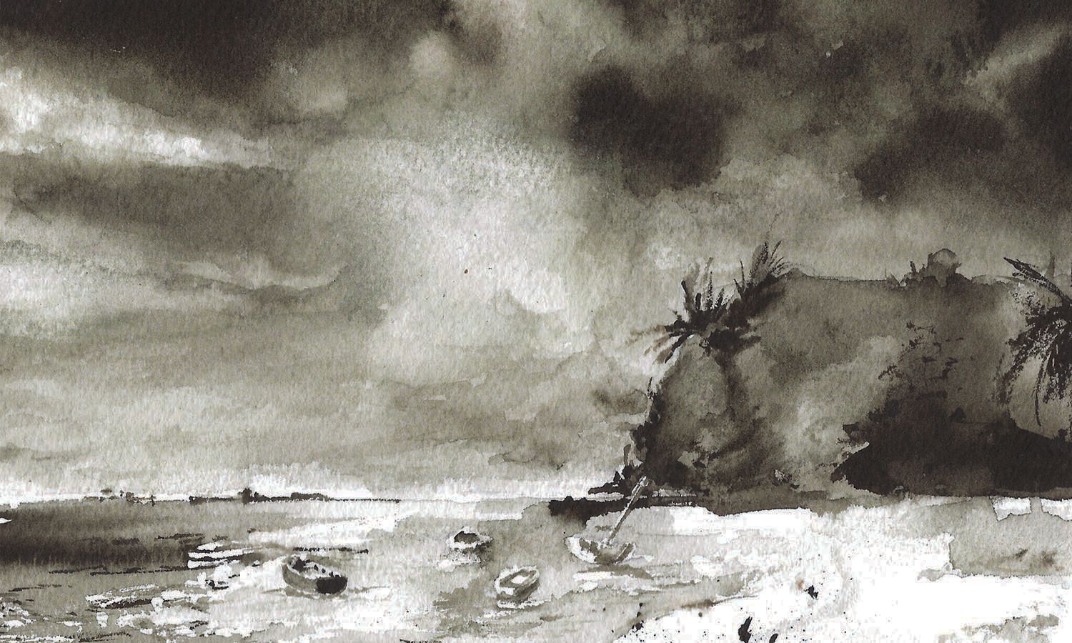 1500x900 Sepia Sunset Beach Watercolor Painting, Value Sketch Artwork By - Sunset Beach Sketch