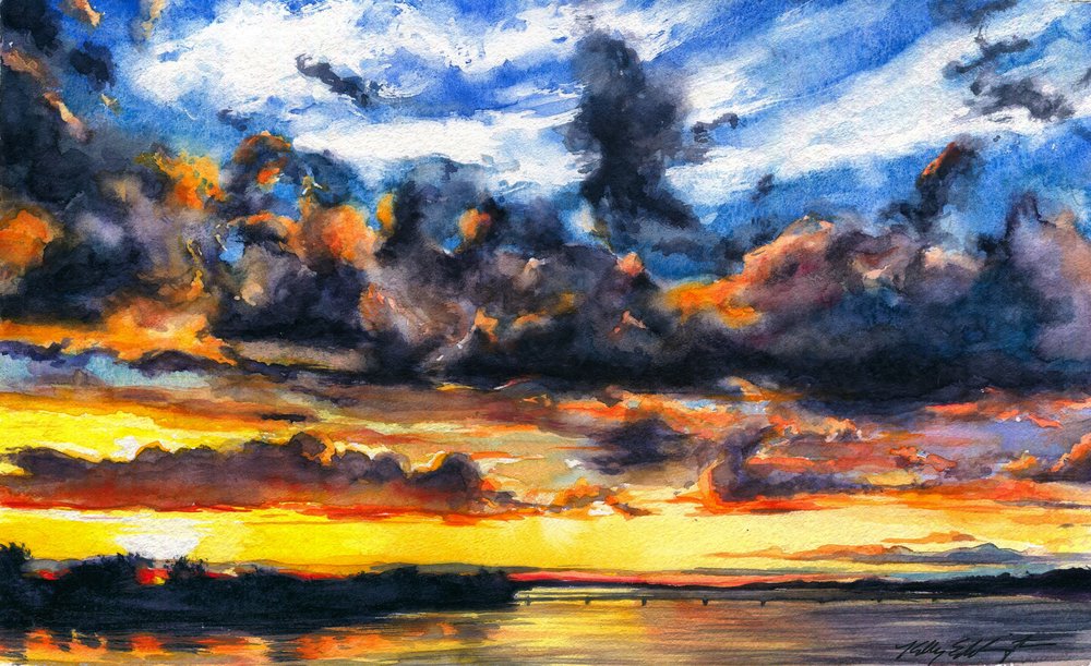 1000x611 Mississippi Sunset Sketch Kelly Eddington Watercolors - Sunset Sketch