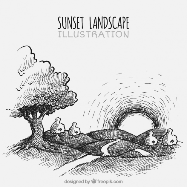 626x626 Hand Drawn Black And White Landscape Vector Free Download - Sunset Sketch Black And White
