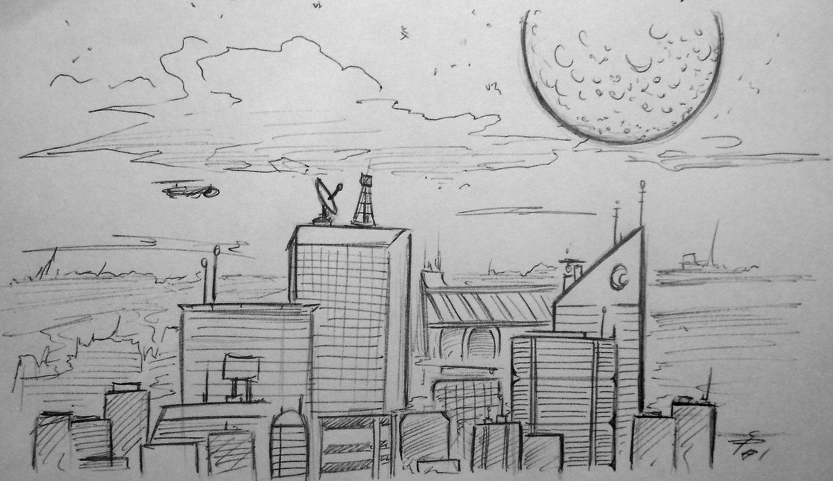 1176x679 Sunset City Overview' (Inked Sketch) [ 3] By Tamikimaru - Sunset Sketch Black And White