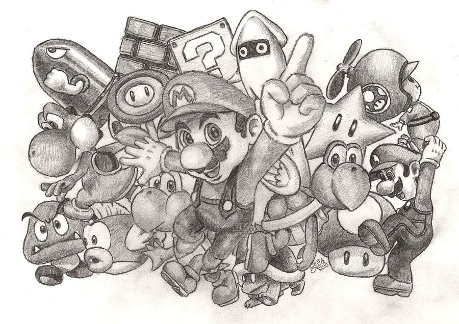 900x636 Super Mario Drawing Full Of Characters By Jojomalfoy Video Game - Super Mario Sketch