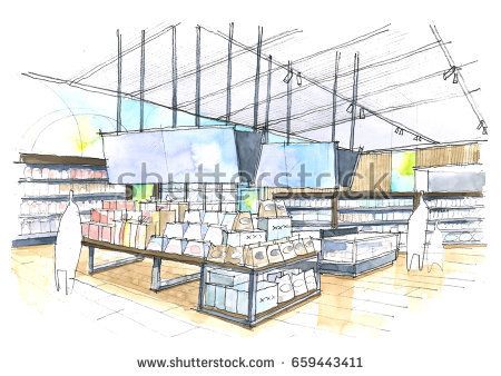 450x338 Hand Sketch Perspective View Of Supermarket Perspective - Supermarket Sketch