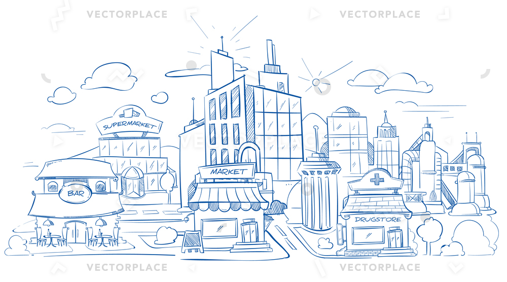 1000x556 City Landscape Modern Buildings Pencil Sketch Vector Illustration - Supermarket Sketch
