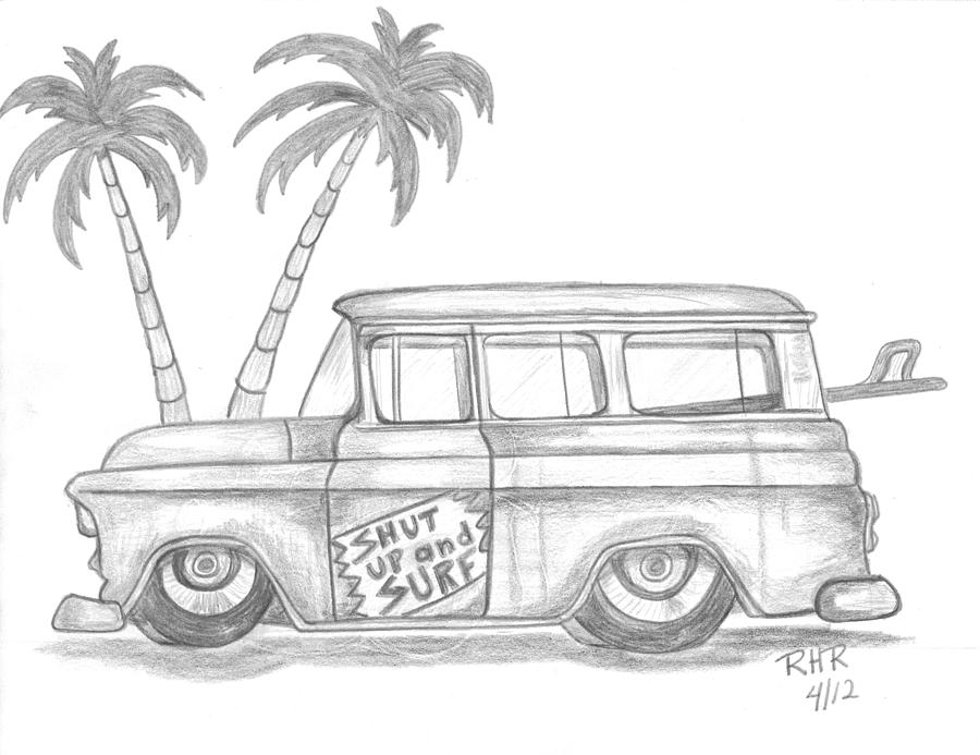 900x693 Shut Up And Surf Window Wagon Drawing By Ray Ratzlaff - Surf Sketch