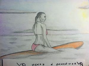 300x224 Surf Girl Waiting Org. Color And Graphite Pencil Drawing Ebay - Surf Sketch