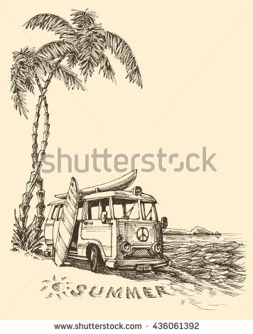 356x470 Surf Van On The Beach Vector Sketch Surf Art - Surf Sketch
