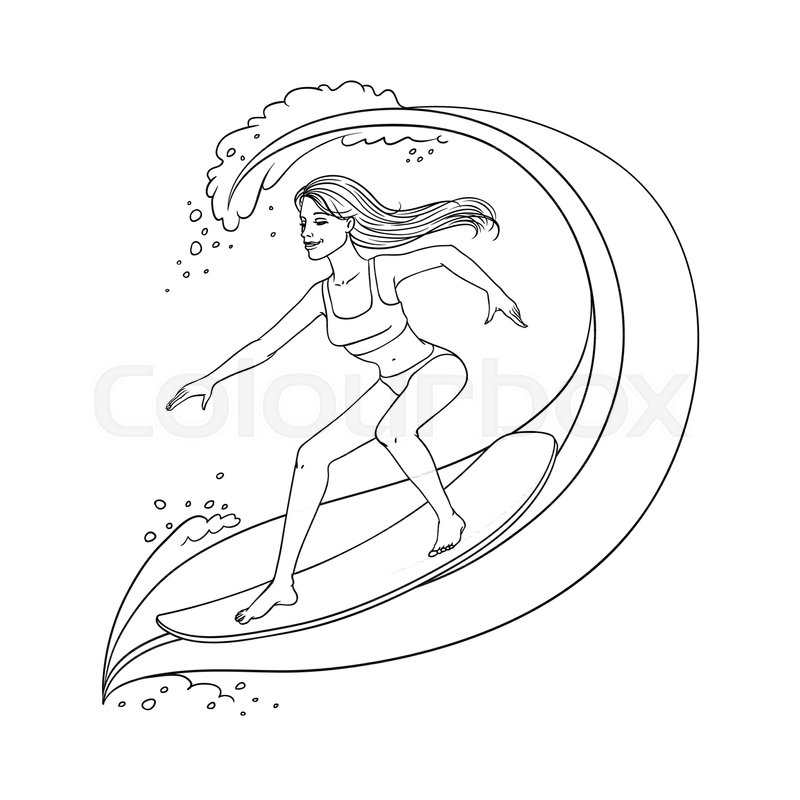 800x800 Pretty Young Woman In Swimsuit Riding The Wave On Surfboard - Surfboard Sketch