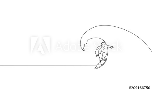 500x300 Single Continuous One Line Art Surfer Vacation Sea Wave. Active - Surfboard Sketch