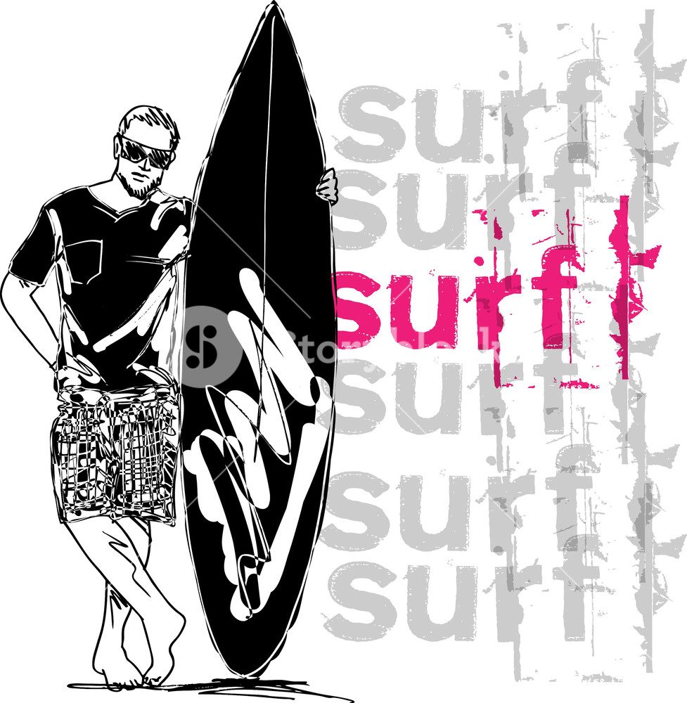 977x1000 Sketch Of Man With Surfboard. Vector Illustration Royalty Free - Surfboard Sketch