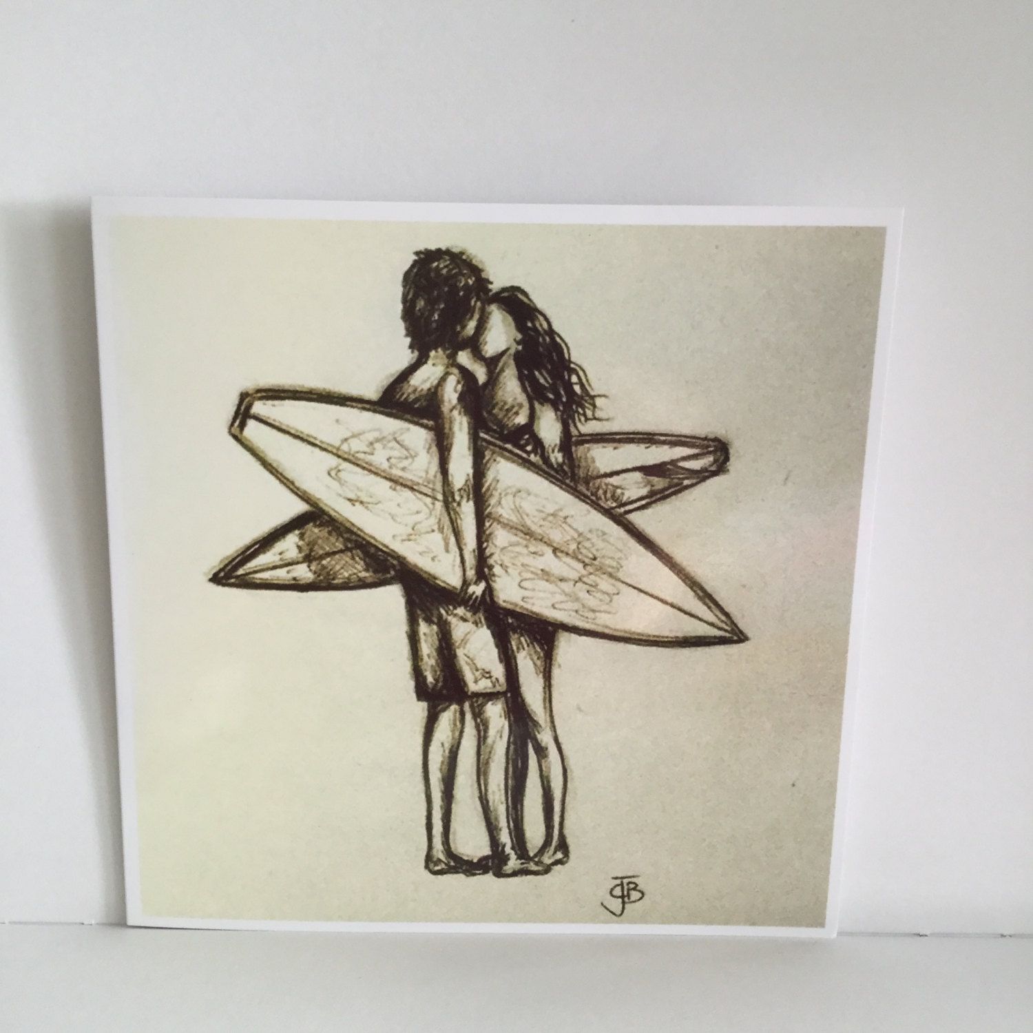 1500x1500 Retro Biro Sketch Surfers Kissing Love Artwork Square Blank - Surfer Girl Sketch