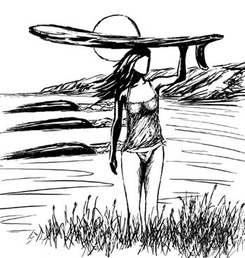 350x369 Robb Havassy. Surfer Girl Sketch Ii In Search Of Waves - Surfer Girl Sketch