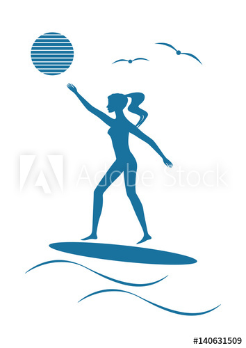 354x500 Surfer Girl Sketch Surfboard Sun Wave Modern Flat Style On A White - Surfer Girl Sketch