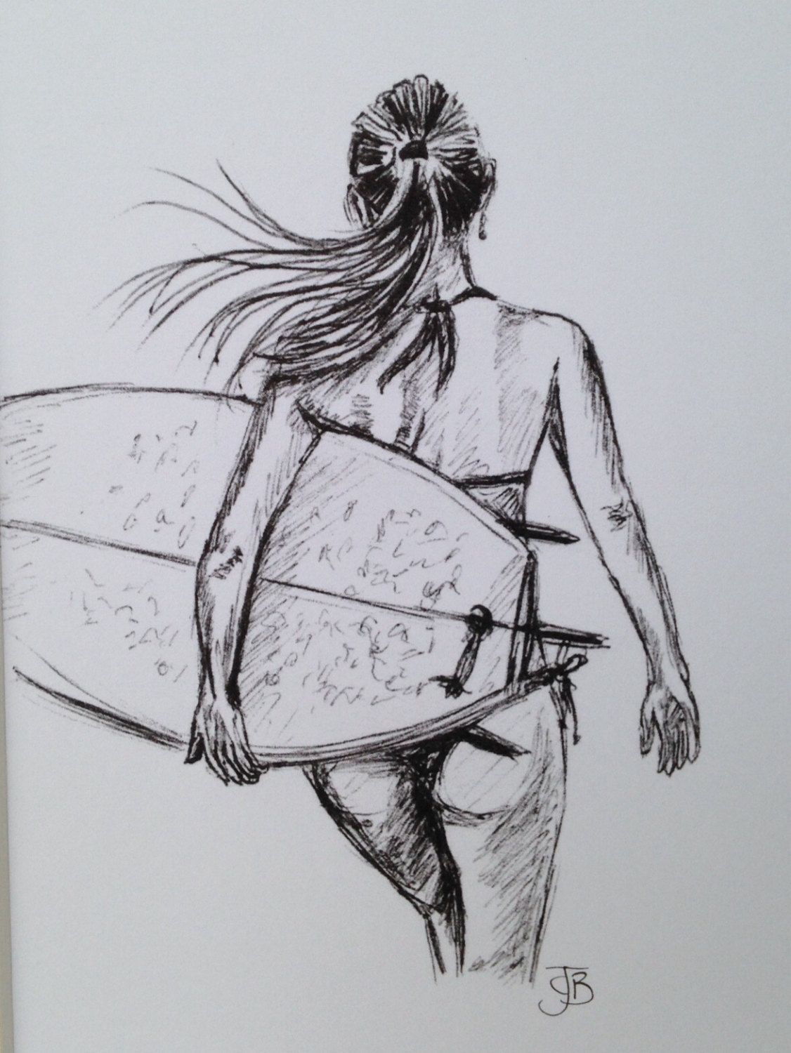 1126x1500 Mounted Signed Print Of Biro Sketch Surfer Girl Surf Art Surfgirl - Surfer Girl Sketch