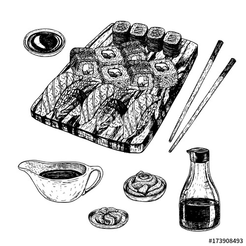 500x500 Hand Drawn Set Of Sushi And Rolls. Vector Sketch Stock Image And - Sushi Sketch
