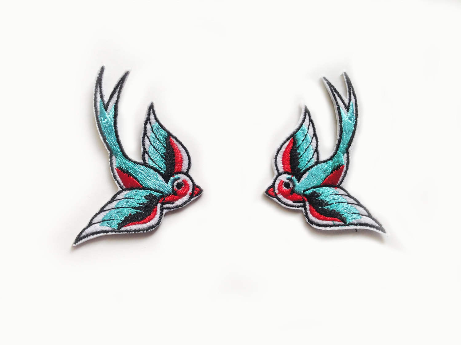 1500x1125 2x Swallow Birds Rockabilly Patch Blue Cyan Amp Red Iron On Etsy - Swallow Bird Sketch