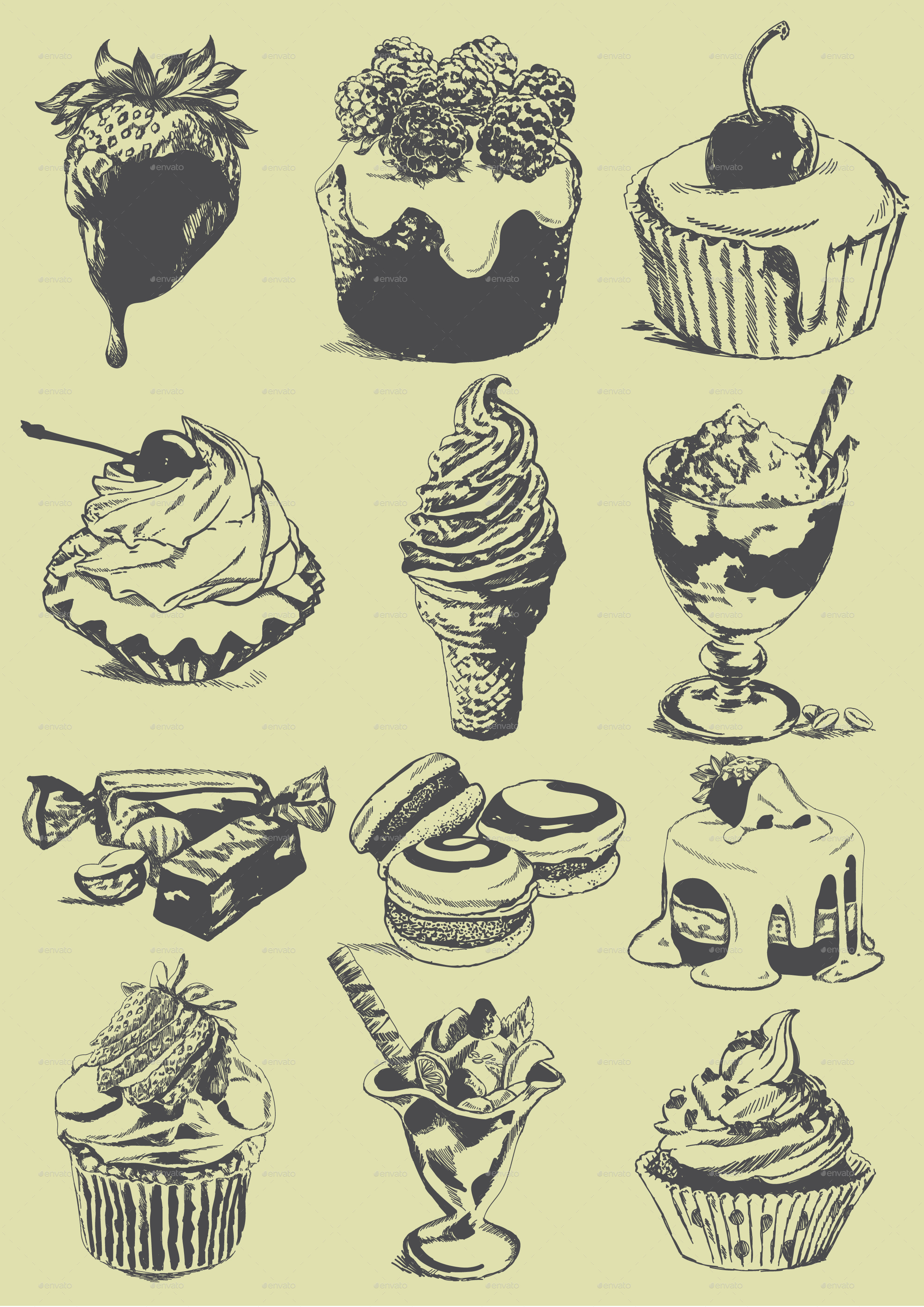 2480x3508 Set Of Sweet Sketches Of Food By Dragonflyartz Graphicriver - Sweet Sketch
