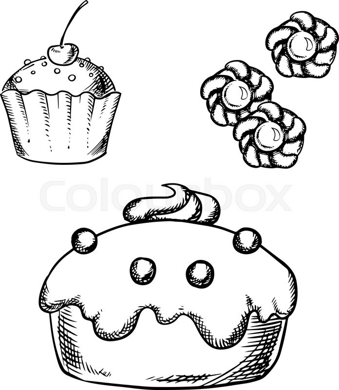 696x800 Sketch Of Sweet Cake With Glaze And Cream Decorations, Cupcake - Sweet Sketch
