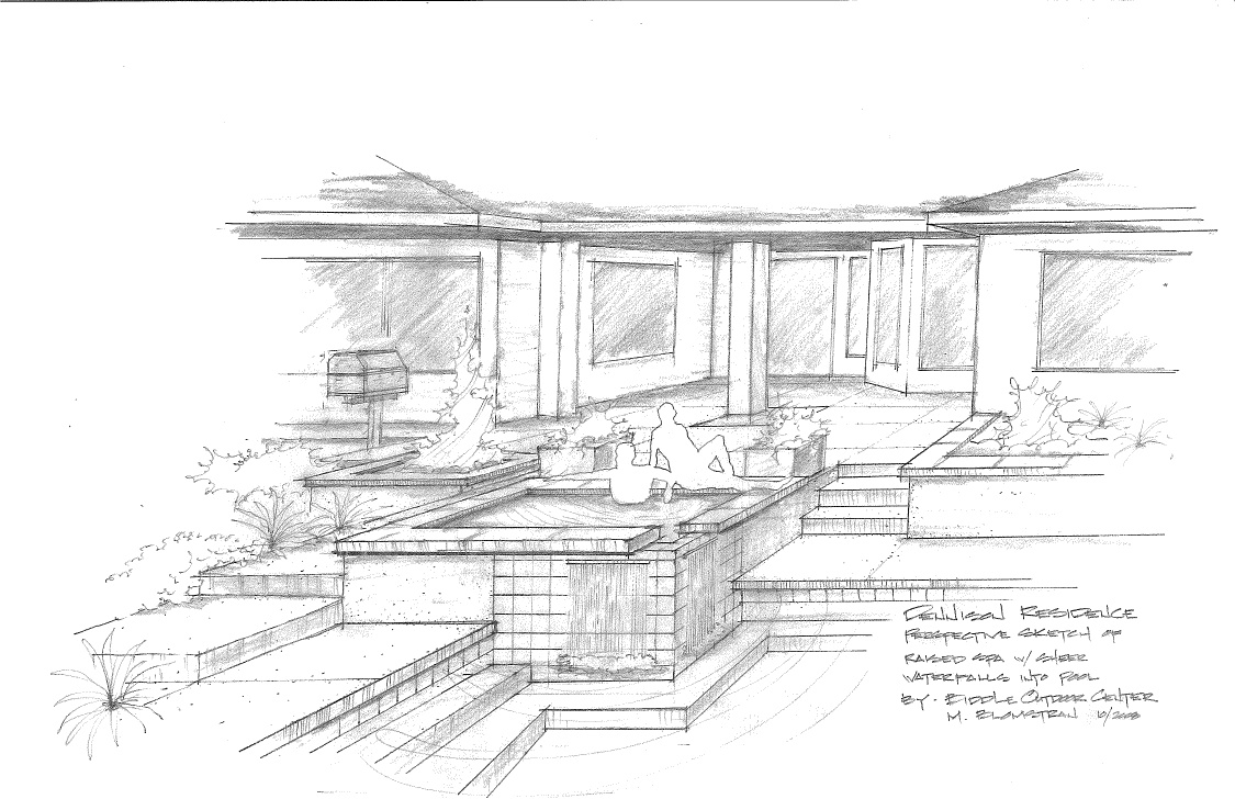 1125x728 Swimming Pool W Raised Spa Perspective Sketch - Swimming Pool Sketch