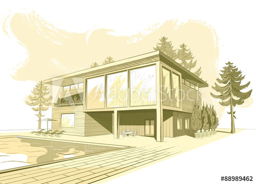 500x359 Vector Sepia Sketch Of Modern House With Swimming Pool - Swimming Pool Sketch