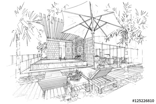 500x334 Sketch Interior Perspective. Sketch Stripes Swimming Pool, Black - Swimming Pool Sketch