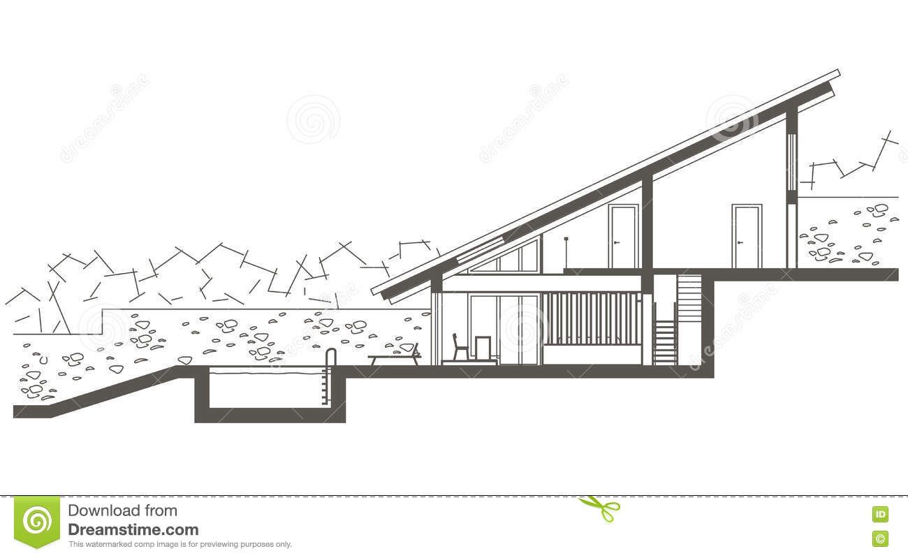 1300x799 Architectural Sketch Two Level House With Swimming Pool. Sectional - Swimming Pool Sketch