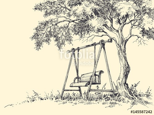 500x376 Swing Under The Tree Vector Illustration. Playground Drawing - Swing Sketch