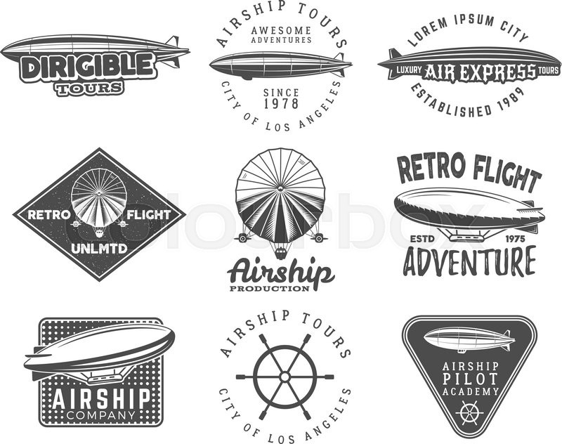 800x632 Vintage Airship Logo Designs Set. Retro Dirigible Badges - T Shirt Sketch Designs