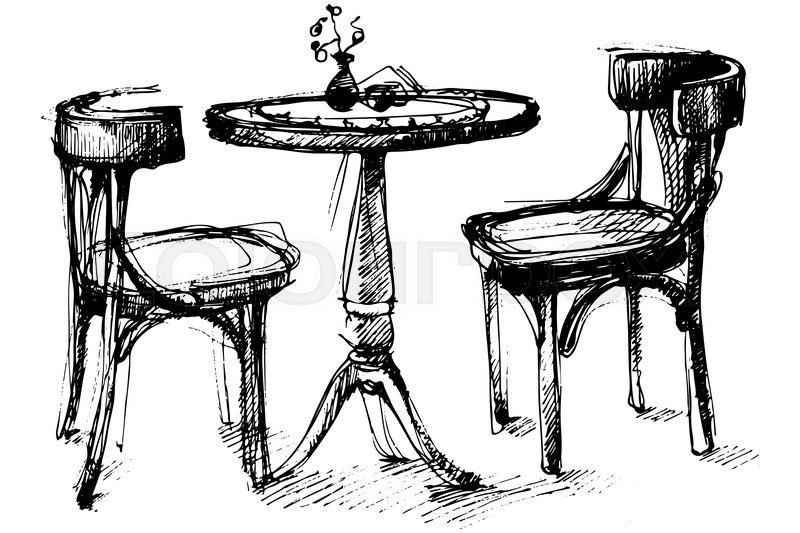 800x533 Black And White Vector Sketch Of A Round Wooden Table And Two - Table And Chair Sketch