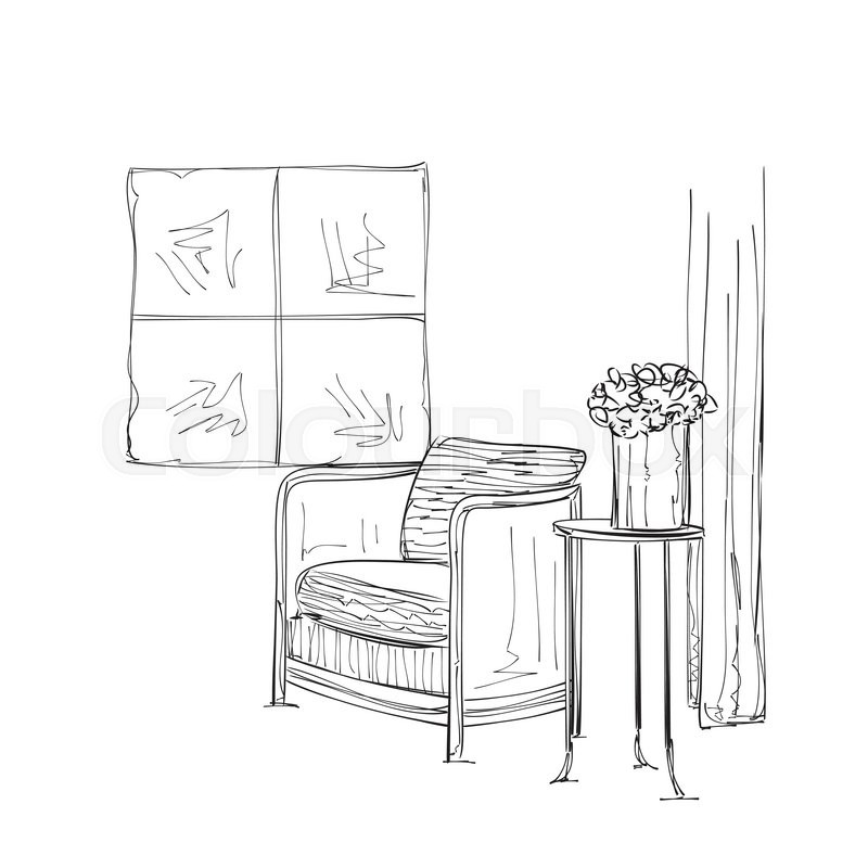 800x800 Hand Drawn Interior. Table And Chair Sketch. Comfortable Furniture - Table And Chair Sketch