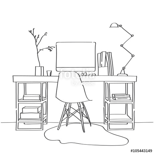 500x500 Hand Drawn Sketch Of Modern Workspace With Work Table, Designer - Table And Chair Sketch