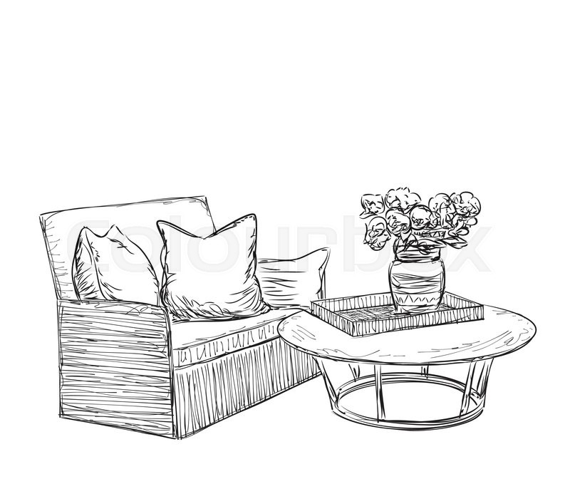800x686 Room Interior Sketch. Hand Drawn Chair And Table. Furniture For - Table And Chair Sketch