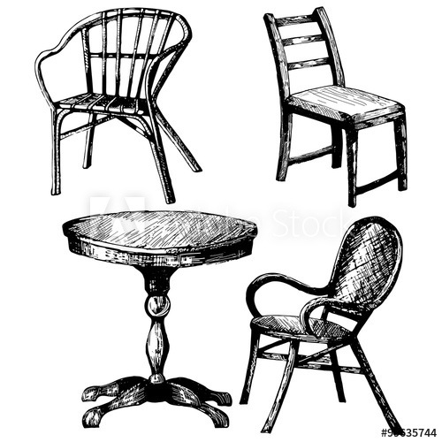 500x500 Set Of Furniture. Hand Drawn Illustration Of Table, Chair - Table And Chair Sketch