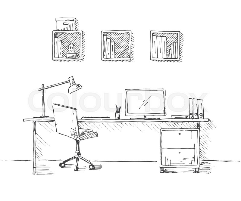 800x668 Sketch The Room. Office Chair, Desk, Various Objects On The Table - Table And Chair Sketch