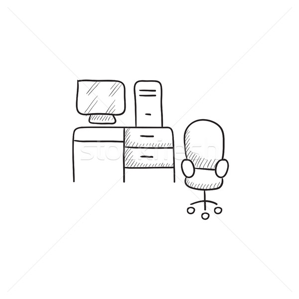 600x600 Computer Set With Table And Chair Sketch Icon. Vector Illustration - Table And Chair Sketch