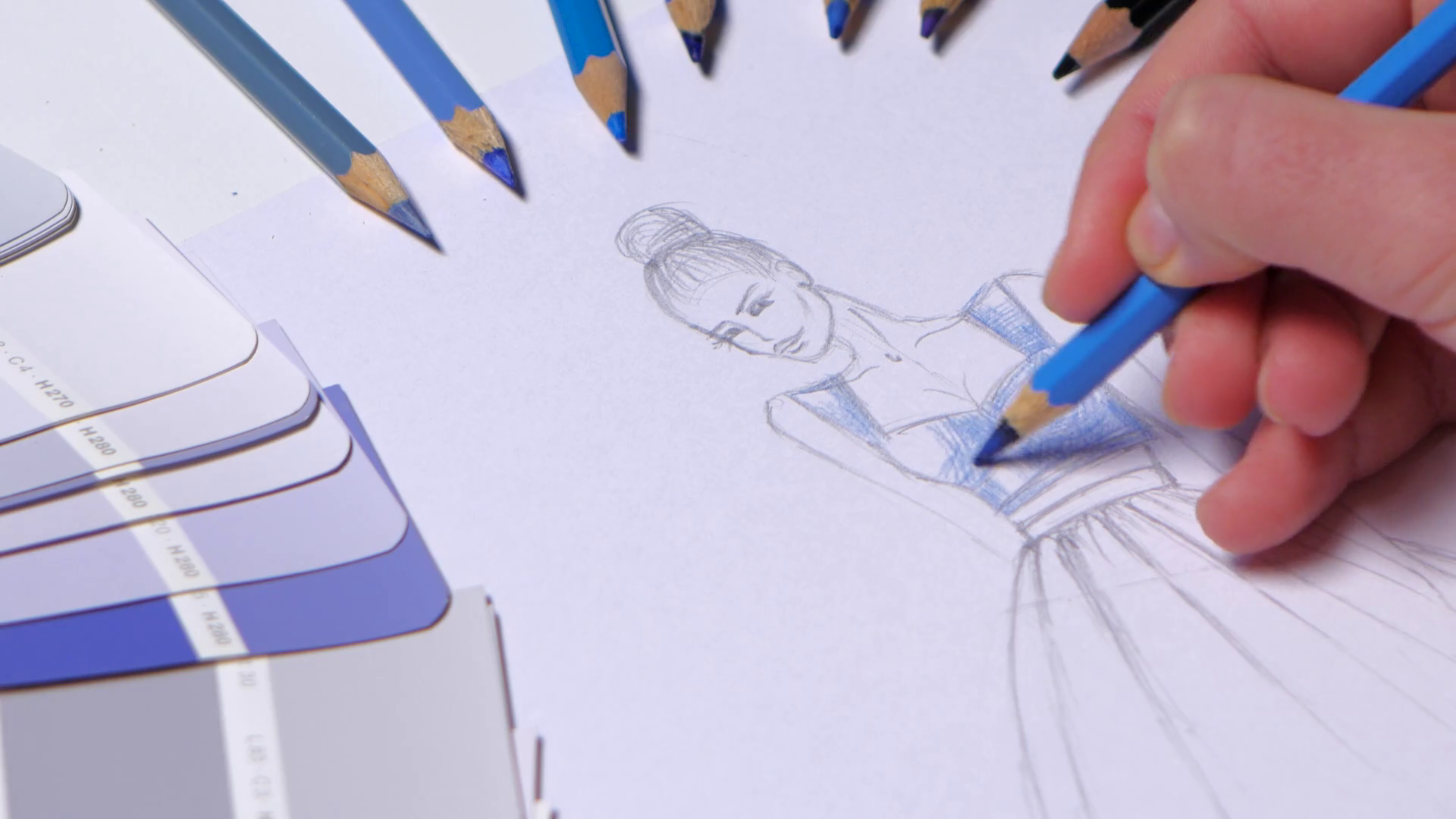 1920x1080 Designer Dress Decorates A Sketch In Blue, On A Table Cloth - Table Cloth Sketch