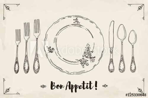 500x332 Hand Drawn Illustration Of Curly Ornamental Silver Tableware - Table Setting Sketch