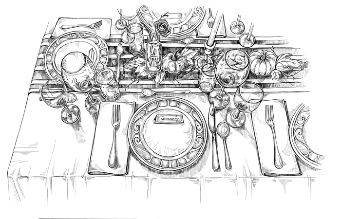 700x450 Collection Of Thanksgiving Table Drawing High Quality, Free - Table Setting Sketch